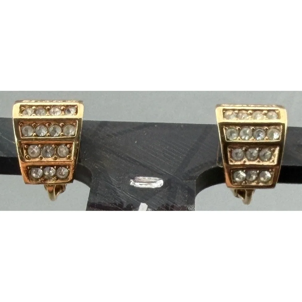 Vintage Christian Dior Germany Earrings Rhinestone Half Hoop Clip Gold Tone 5/8
